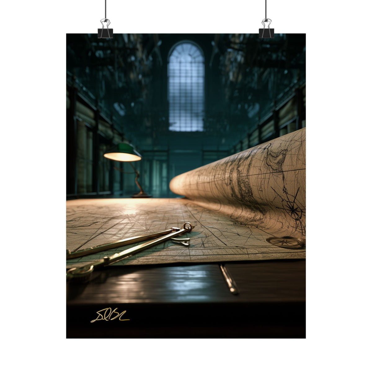 Vintage Cartography Poster — Rolled Map & Study Room Matte Vertical Art Print
