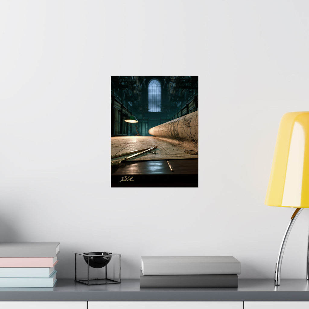 Vintage Cartography Poster — Rolled Map & Study Room Matte Vertical Art Print