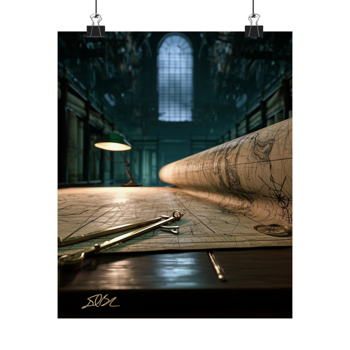 Vintage Cartography Poster — Rolled Map & Study Room Matte Vertical Art Print