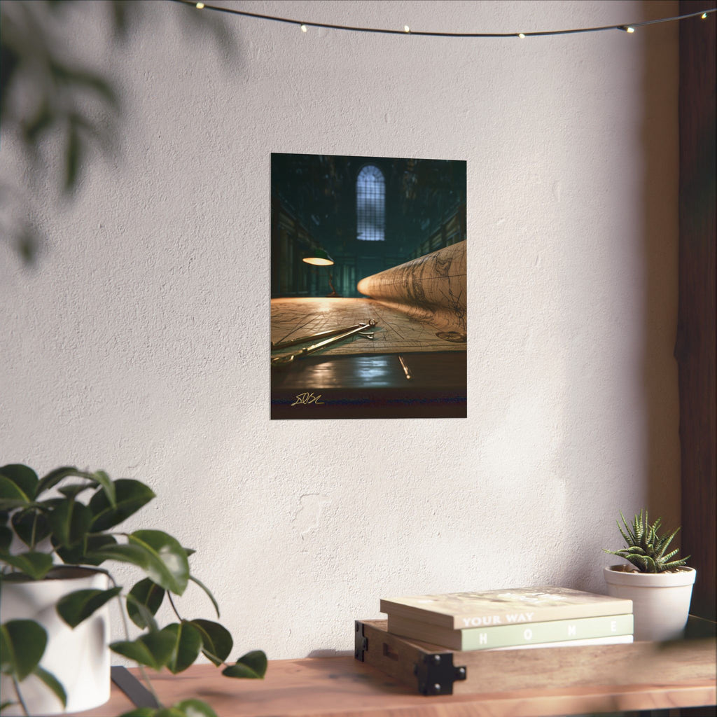 Vintage Cartography Poster — Rolled Map & Study Room Matte Vertical Art Print