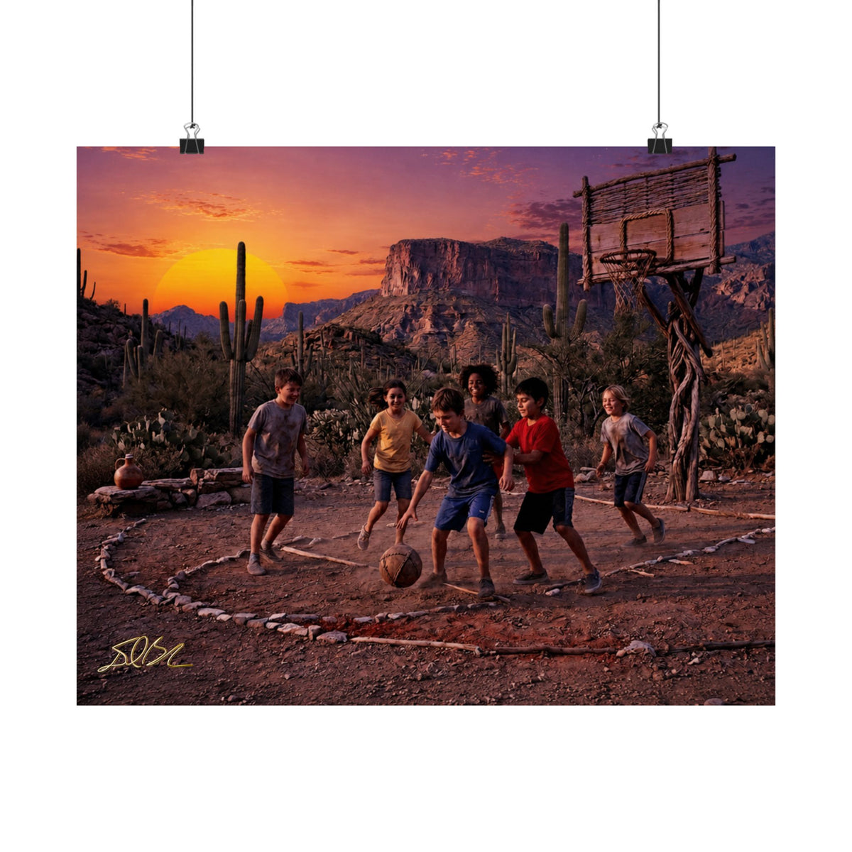 Sunset Hoops Basketball Matte Poster — Vintage Kids Playing Hoop Wall Art
