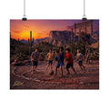 Sunset Hoops Basketball Matte Poster — Vintage Kids Playing Hoop Wall Art