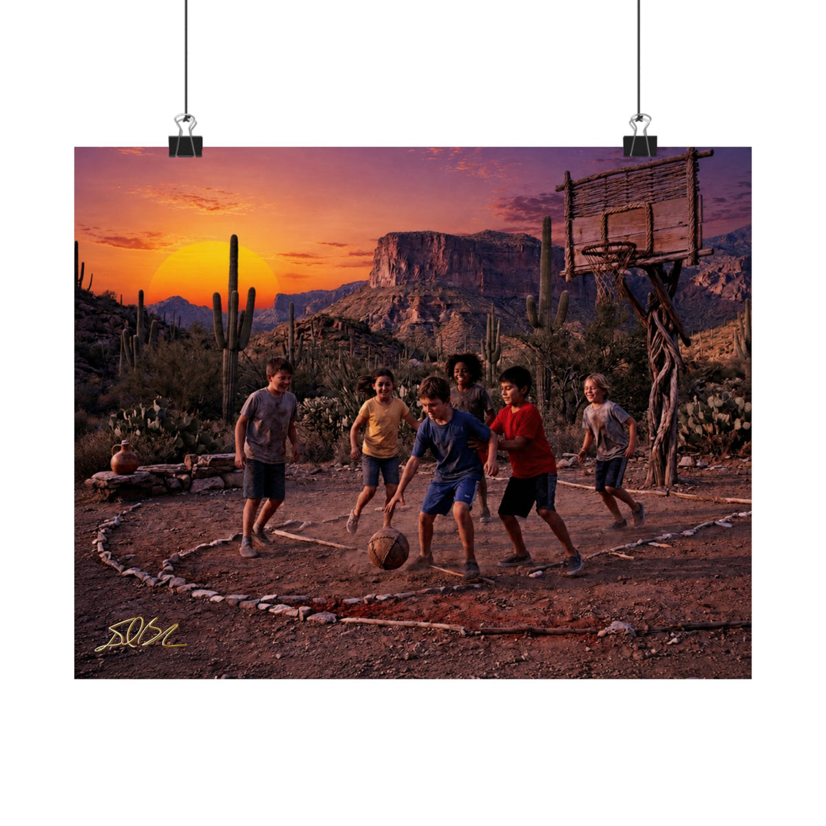 Sunset Hoops Basketball Matte Poster — Vintage Kids Playing Hoop Wall Art
